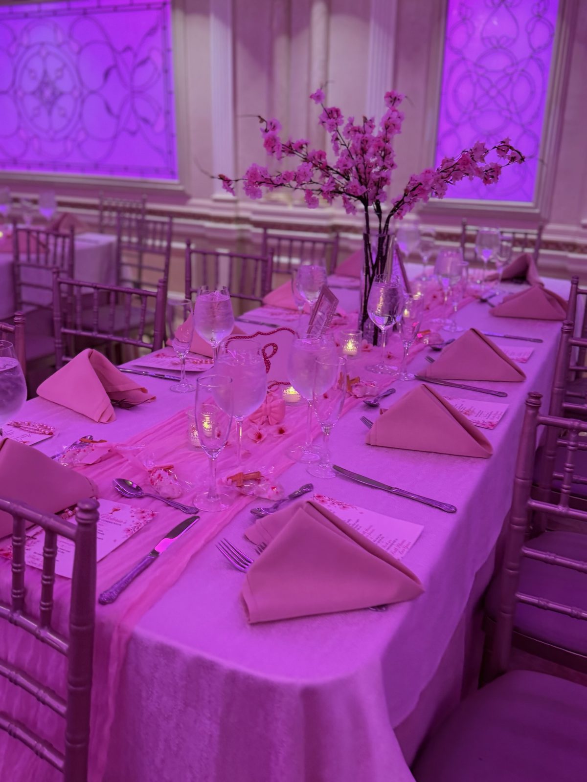 Blossom Head Table — Reception · Pink tablescape by Arches & Aesthetics by Lisa